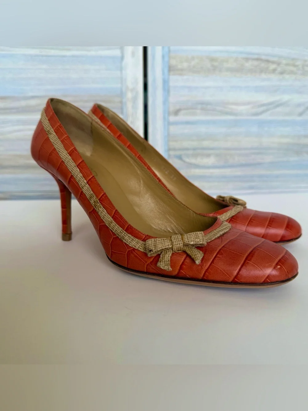 RARE Valentino Garavani Croc-Embossed Orange Leather Pumps with Gold Trim